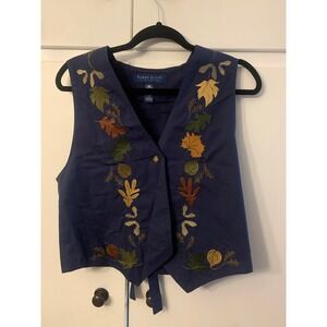 Karen Scott Fall Embroidered Leaves Navy Blue Cotton Vest Womens‎ Small